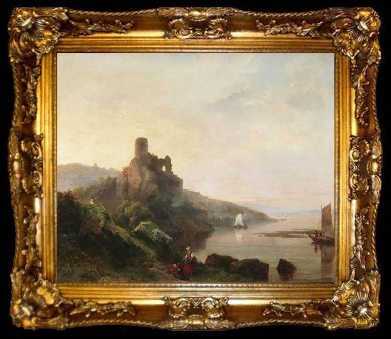 framed  Pieter Lodewyk Kuhnen Romantic Rhine landscape with ruin at sunset, ta009-2